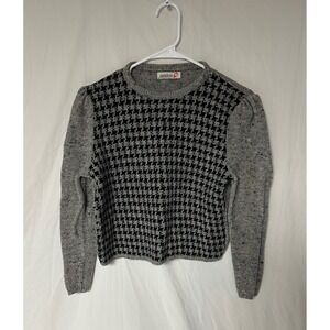Vintage Pandora Houndstooth Confetti Knit Sweater Grey Black Puff Sleeve USA L